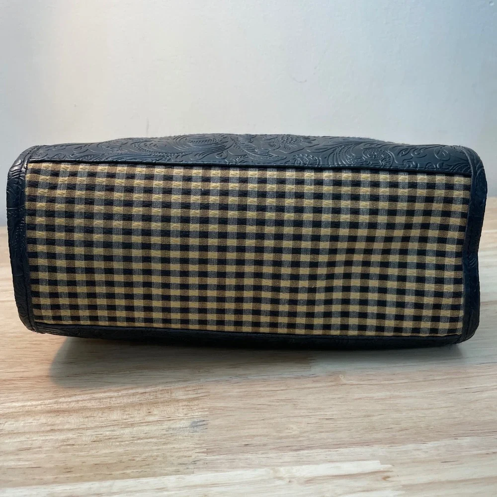 Longaberger Gingham Tote Bag Black Tan Embossed Floral Trim Silver Logo Plaque‎
